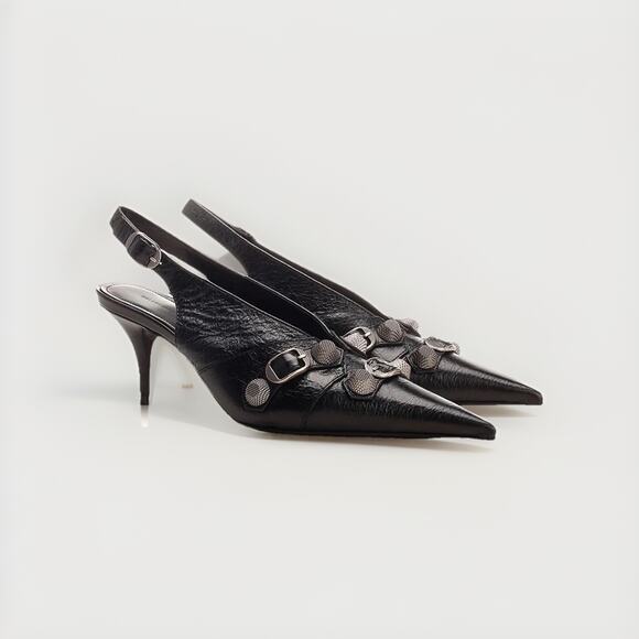 Womens Black Cagole Slingback Pumps Lambskin Leather 37 NIB - Picture 1 of 8